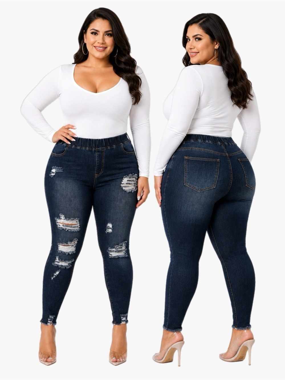 Shein Curve Women’s Plus Size 1X Heavily Distresses Elastic Waist Pull On Jeans